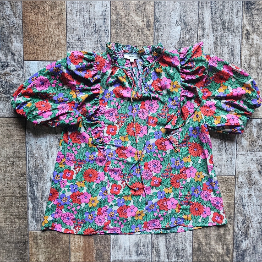 Entro Floral Ruffle Blouse Medium Retro 70s Boho Puff Sleeve Statement EUC